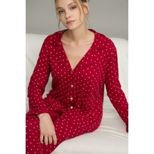 Siyah İnci Kırmızı Puan Desenli Gömlek Yaka Düğmeli Milan Örme Pijama TAKIM25224016