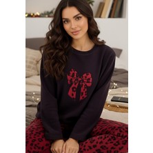 Siyah İnci Siyah Bordo Leopar Desenli Fiyonk Nakışlı Polar Kışlık Örme Pijama Takım