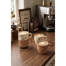 Cotto Home Bistro Metal Standlı 4 Adet Porselen Kupa Seti 200 ml Kahve Çay Fincanı Takımı