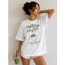 Nileq Boutique Matcha Club Lover Baskılı Oversize Beyaz Kadın T