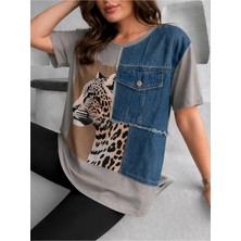 Bella Vita Butik Bellavita Botuique Leopar Baskılı Denim Cep Detaylı Oversize Tişört Gri