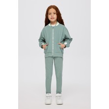Panço Kız Çocuk Kolej Yaka Yakası Çizgili Fermuarlı Yeşil Sweatshirt