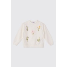 Panço Kız Çocuk Baskılı Ekru Sweatshirt