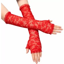Renas Store Üreticiniz Uzun Zarif Dantel Eldiven Parmaksız Kırmızı 35 cm