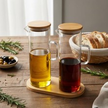 Bg Store 2'li Şeffaf Cam Yağdanlık ve Sirkelik Seti - Bambu Kapaklı ve Özel Standlı Masaüstü Yağlık (190 Ml)