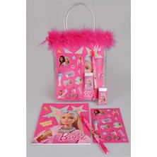 x Dekomus Lisanslı Barbie Tüylü Çanta 5'li Kırtasiye Seti Defter,sticker,geçmeli Kalem