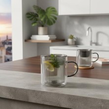 Bg Store 250 ml Çift Cidarlı Borosilikat Cam Kupa - Antrasit Detaylı, Dikey Çizgili Isıya Dayanıklı Kahve ve Çay Bardağı