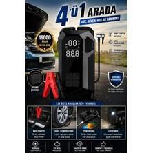 Jump Starter Taşınabilir Akü Takviyeli Kompresörlü Hava Pompası 4'ü 1 Arada 16.000 Mah Powerbank/digital Fener