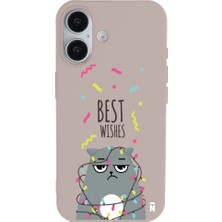 Casen iPhone 16 Plus Pudra Lansman Renkli Silikon Best Wishes Kedi Tasarımlı Kılıf