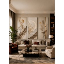 Zera Wall Mdf Tablo 3’lü Bej ve Gold Botanik Ağaç Desenli Soyut Set – Modern Salon ve Ofis Duvar Dekorasyonu