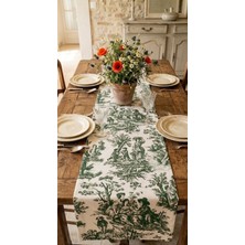 Duck Kumaş Fransız Köylü Desenli Runner - Yeşil Beyaz Toile De Jouy Masa Örtüsü 150X37 cm
