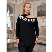 Yeşil Moda Kadın Baskılı Yarım Balıkçı Yaka Omuz Dekolteli Oversize Bluz - Uzun Kollu Pamuklu Siyah