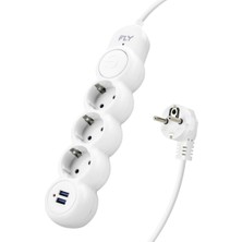 Renas Store Termal Akım Korumalı Uzatma Kablosu 3 Priz + 2x USB 2.1A Anahtarlı 2 M - Beyaz 3393-01