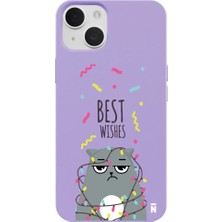Casen iPhone 14 Plus Lila Lansman Renkli Silikon Best Wishes Kedi Tasarımlı Kamera Korumalı Telefon Kılıf