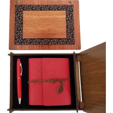 Renas Store Ahşap Kutulu Kırmızı Deri Defter ve Metal Kalem Set