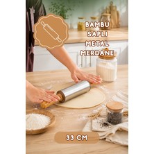 Porsima MNB05771 Ahşap Saplı Paslanmaz Çelik Merdane Oklava Hamur Pizza Börek Açma Oklava 33CM
