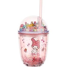 SHC4200 Miniso Sanrio Boncuklu Kapaklı Pipetli Plastik Şişe (435ML) - Pembe