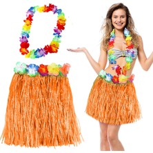 Renas Store Hawaii Luau Aloha Turuncu Püsküllü 40 cm Etek ve Hawaii Kolye Seti