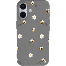 Casen iPhone 16 Gri Lansman Renkli Silikon Bees And Flowers Tasarımlı Kılıf