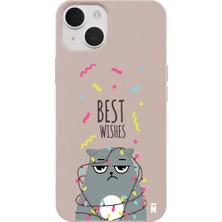 Casen iPhone 15 Pudra Lansman Renkli Silikon Best Wishes Kedi Tasarımlı Kamera Korumalı Telefon Kılıf
