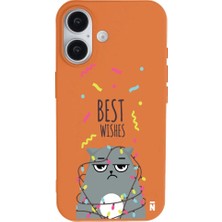 Casen iPhone 16 Turuncu Lansman Renkli Silikon Best Wishes Kedi Tasarımlı Kılıf