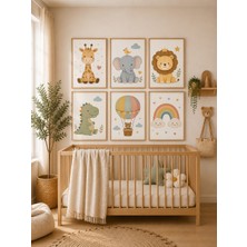 Zera Wall Mdf Tablo 6’lı Zürafa, Fil, Taçlı Aslan, Dinozor, Balonlu Ayıcık ve Gökkuşağı Temalı Set – Bebek ve Çocuk Odası Duvar Dekorasyonu