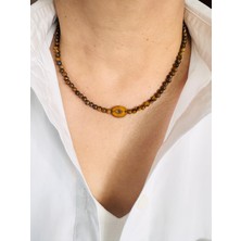 Devi Fashion Kaplan Gözü 4 mm Doğal Taş Tasarım Kolye 45 cm