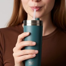 Bg Store Gri Paslanmaz Çelik Pipetli Termos Kupa - 660 ml Büyük Boy (Venti) - Sıcak ve Soğuk Tutan Mug - Araç ve Ofis Tipi Bardak (Yeşil)