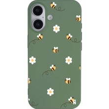 Casen iPhone 16 Plus Yeşil Lansman Renkli Silikon Bees And Flowers Tasarımlı Kılıf