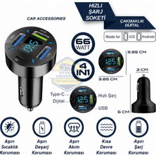 Otokap Universal Araç Çakmaklık Hızlı Şarj Soketi 4in1 Dijital Ekranlı 66 Watt USB Type C 12V-24V Oto Şarj Adaptörü