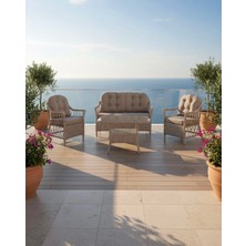 Dora Garden Home Inci 2+1+1 Rattan Bahçe Takımı Masalı Açık Gri (Siyahçizgili)
