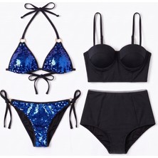 Zi Mavi Pul Payet & Siyah Yüksek Bel 2'li Bikini Takımı