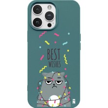 Casen iPhone 12 Pro Max Haki Lansman Renkli Silikon Best Wishes Kedi Tasarımlı Kılıf