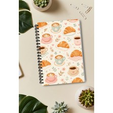 giftkonsept Kruvasan, Kahve Fincanı ve Çiçek Desenli 50 Yaprak 100 Sayfa Sprialli Defter