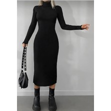 Exit Collection Balıkçı Yaka Vücudu Saran Kadın Triko Uzun Elbise 125 cm