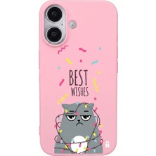Casen iPhone 17 Pembe Lansman Renkli Silikon Best Wishes Kedi Tasarımlı Kılıf