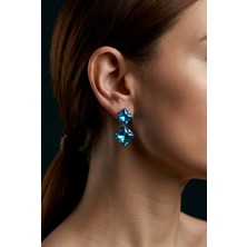 Eva Takı Store Dikey Kare Vintage Model Kristal Taşlı Turkuaz Mavi Renkli Küpe