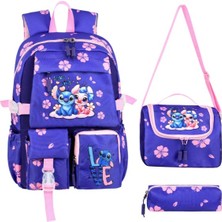 zufigo Kore Kawai Mor Stitch Stiç Temalı Kız Çocuk Ilkokul Çantası Termal Beslenme Çantası ve Kalemlik Set