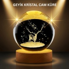 Renas Store LED Işıklı Geyikli Kristal Küre Ahşap Standlı Modern Dekor Lamba