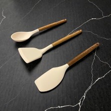 Bg Store Ahşap Saplı 3'lü Silikon Mutfak Gereçleri Seti - Isıya Dayanıklı Yanmaz Yapışmaz Spatula ve Servis Kaşığı Takımı, Ergonomik Tasarım