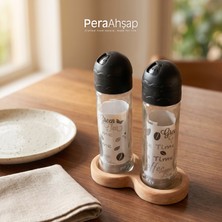 Pera Wooden Pera Twin Set – Kayın Altlıklı 2'li Cam Mavi-Siyak Kapaklı Tuzluk & Biberlik Takımı