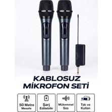 Renas Store Profesyonel Çiftli Kablosuz Mikrofon Seti Karaoke Şarj Edilebilir 50 Metre