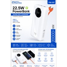 Acl PW-107 20000 Mah 22.5W Hızlı Şarj Powerbank | Dahili Usb-C & Lightning Kablolu | LCD Ekran | Pd Hızlı Şarj | 2 USB Çıkışlı Taşınabilir Şarj Cihazı Beyaz