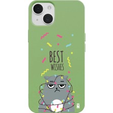 Casen iPhone 12 Yeşil Lansman Renkli Silikon Best Wishes Kedi Tasarımlı Kamera Korumalı Telefon Kılıf