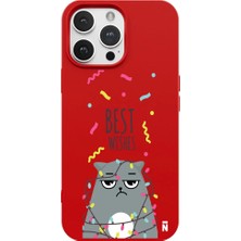 Casen iPhone 13 Pro Kırmızı Lansman Renkli Silikon Best Wishes Kedi Tasarımlı Kılıf