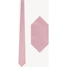 Erkek Pembe Düz Slim Kravat Mendil Set