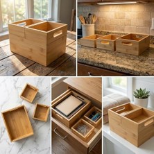 Bg Store 3'lü Modüler Bambu Organizer Set - Üst Üste Geçebilen Çok Amaçlı Çekmece Içi ve Masaüstü Düzenleyici Kutu - Banyo, Mutfak ve Ofis Için Ahşap Saklama Seti