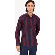 Erkek Lacivert Bordo Uzun Kol Regular Fit Çizgili Yaka Düğmeli Gömlek