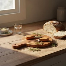 Bg Store Doğal Akasya Peynir Sunum Tahtası ve Servis Seti – 25X17 cm Saplı Mini Kesme Tahtası, Yanında Özel Bambu Saplı Peynir Bıçağı ve Çatalı Ile (3 Parça)