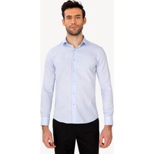 Erkek Mavi Uzun Kol Slim Fit Desenli Gömlek